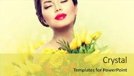  Presentation with easter bunny yellow spring flower - Colorful PPT theme enhanced with red yellow - beauty model woman with spring backdrop and a yellow colored foreground