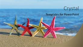  Presentation with red blue yellow - Slide deck with red yellow pink and blue seashells on the beach at sunrise background and a light blue colored foreground