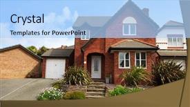  Presentation with english - Amazing PPT theme having redbrick english house with garage backdrop and a light blue colored foreground