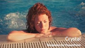  Presentation with lean - Colorful presentation design enhanced with reddish - redhead freckled young woman backdrop and a coral colored foreground