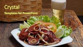  Presentation with cold beer - Slide set with reddish - slices of calabrian sausage background and a tawny brown colored foreground