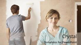  Presentation with role play woman and man - Presentation theme having redevelopment - portrait of confident woman background and a  colored foreground