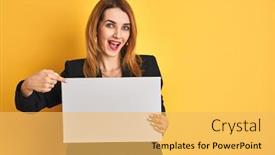  Presentation with finger - Slide deck consisting of redhead-business-caucasian-woman-holding background and a yellow colored foreground
