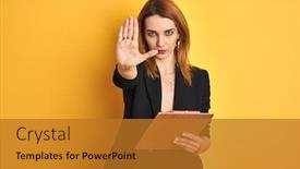  Presentation with defense - Amazing slides having redhead-business-caucasian-woman-holding backdrop and a gold colored foreground