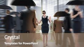  Presentation with room - Slide deck having redhead businesswoman in a blindfold against room with columns and view over city background and a coral colored foreground