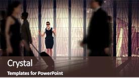  Presentation with busy - Colorful presentation enhanced with redhead businesswoman in a blindfold against busy room with large window looking on city backdrop and a tawny brown colored foreground