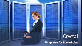  Presentation with server room - Colorful presentation theme enhanced with redhead businesswoman using her tablet pc against composite image of server room backdrop and a ocean colored foreground