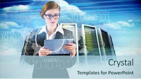  Presentation with towers - Amazing slide set having redhead businesswoman using her tablet pc against composite image of server towers backdrop and a light blue colored foreground