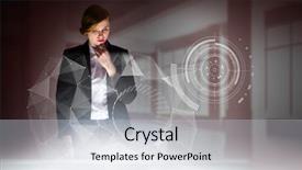  Presentation with windows - Presentation theme consisting of redhead businesswoman using interactive desk against white room with windows background and a light gray colored foreground