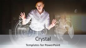  Presentation with desk - Colorful PPT layouts enhanced with redhead businesswoman using interactive desk against bright light in a curved room backdrop and a lemonade colored foreground