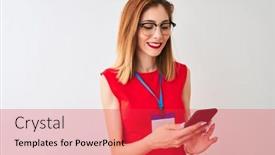  Presentation with teeth - Slide set consisting of redhead businesswoman wearing id card using smartphone over isolated white background with a happy face standing and smiling with a confident smile showing teeth background and a red colored foreground