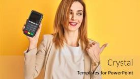  Presentation with terminal - Beautiful slide set featuring redhead-caucasian-business-woman-holding backdrop and a coral colored foreground