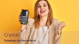  Presentation with business success - PPT theme having redhead-caucasian-business-woman-holding background and a coral colored foreground