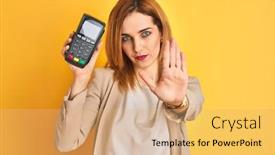  Presentation with terminal - Colorful slide deck enhanced with redhead-caucasian-business-woman-holding backdrop and a coral colored foreground