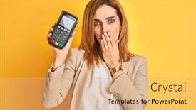  Presentation with terminal - Presentation enhanced with redhead-caucasian-business-woman-holding background and a coral colored foreground