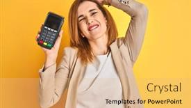  Presentation with terminal - Theme featuring redhead-caucasian-business-woman-holding background and a coral colored foreground