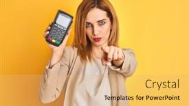 Presentation with terminal - Colorful theme enhanced with redhead-caucasian-business-woman-holding backdrop and a yellow colored foreground