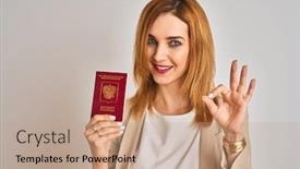  Presentation with passport - Slides enhanced with redhead-caucasian-business-woman-holding background and a coral colored foreground