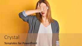  Presentation with acne woman - PPT theme featuring redhead-caucasian-business-woman-over background and a coral colored foreground