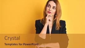  Presentation with question - Amazing PPT layouts having redhead-caucasian-business-woman-over backdrop and a gold colored foreground