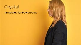  Presentation with business profile - Audience pleasing PPT layouts consisting of redhead-caucasian-business-woman-over backdrop and a gold colored foreground