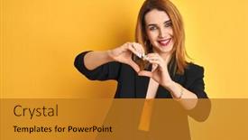  Presentation with hands heart - Colorful PPT theme enhanced with redhead-caucasian-business-woman-over backdrop and a  colored foreground