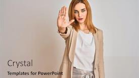  Presentation with hand palm - Presentation theme consisting of redhead-caucasian-business-woman-standing background and a coral colored foreground