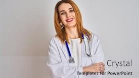  Presentation with camera - Slide deck having redhead-caucasian-doctor-woman-wearing background and a light gray colored foreground