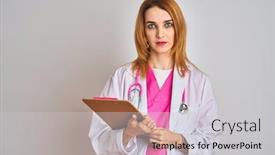 Presentation with clipboard stethoscope - Cool new presentation theme with redhead-caucasian-doctor-woman-wearing backdrop and a light gray colored foreground