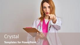  Presentation with clipboard stethoscope - Audience pleasing presentation design consisting of redhead-caucasian-doctor-woman-wearing backdrop and a coral colored foreground