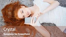  Presentation with carpet - Audience pleasing PPT theme consisting of redhead charming woman lying on the carpet and using smartphone at home backdrop and a red colored foreground