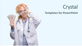  Presentation with doctor helps to get out of bed an elderly woman - Beautiful slides featuring redhead doctor woman holding dollar backdrop and a  colored foreground