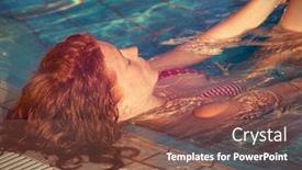  Presentation with lean - Presentation design consisting of redhead freckled young woman in pool enjoy in warm sun lean on pool edge real people concept background and a tawny brown colored foreground