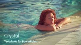  Presentation with lean - Beautiful PPT theme featuring redhead freckled young woman in pool enjoy in warm sun lean on pool edge real people concept backdrop and a ocean colored foreground