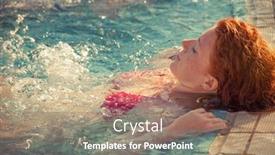  Presentation with lean - Audience pleasing slide set consisting of redhead freckled young woman in pool enjoy in warm sun lean on pool edge real people concept backdrop and a violet colored foreground