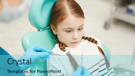  Presentation with fear - Slide set consisting of redhead girl sitting in dental background and a light blue colored foreground