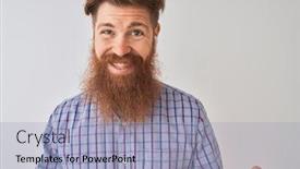 Presentation with person listening - PPT theme having redhead irish man listening to music using wireless earphones over isolated white background with a happy and cool smile on face lucky person background and a light blue colored foreground