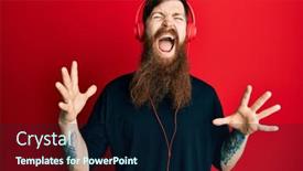  Presentation with music headphones - Beautiful presentation design featuring redhead-man-with-long-beard backdrop and a navy blue colored foreground
