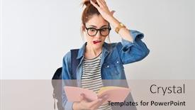  Presentation with shame - Cool new PPT layouts with redhead student woman wearing backpack reading book over isolated white background stressed with hand on head shocked with shame and surprise face angry and frustrated fear and upset for mistake backdrop and a soft green colored foreground