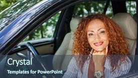  Presentation with steering cars - Beautiful slide set featuring redhead woman behind steering wheel backdrop and a ocean colored foreground