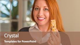 Presentation with cereal - Audience pleasing presentation theme consisting of redhead woman eating cereal bar home happy face standing smiling confident smile showing teeth backdrop and a coral colored foreground