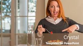  Presentation with kiwi fruit - Amazing PPT layouts having redhead woman eating fruit bowl kiwi and strawberry at home very happy pointing with hand and finger backdrop and a coral colored foreground