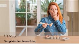  Presentation with chopsticks - PPT theme enhanced with redhead woman eating sushi using chopsticks cover mouth with hand shocked with shame for mistake expression of fear scared in silence secret concept background and a coral colored foreground