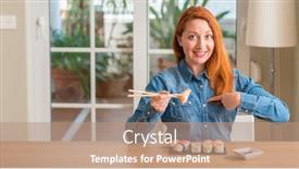  Presentation with chopsticks - Presentation theme enhanced with redhead woman eating sushi using chopsticks with surprise face pointing finger to himself background and a coral colored foreground