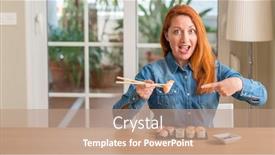  Presentation with chopsticks - PPT layouts consisting of redhead woman eating sushi using chopsticks very happy pointing with hand and finger background and a coral colored foreground