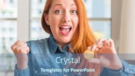  Presentation with cryptocurrency - Cool new slide deck with redhead woman holding bitcoin cryptocurrency at home screaming proud and celebrating victory and success very excited cheering emotion backdrop and a ocean colored foreground
