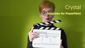  Presentation with movie studio - Cool new presentation theme with redhead-woman-holding-movie-clapper backdrop and a tawny brown colored foreground