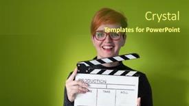  Presentation with movie studio - Audience pleasing slides consisting of redhead-woman-holding-movie-clapper backdrop and a tawny brown colored foreground