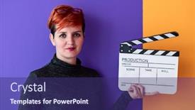  Presentation with clapper - Beautiful presentation theme featuring redhead-woman-holding-movie-clapper backdrop and a violet colored foreground