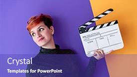  Presentation with clapper - Presentation theme having redhead-woman-holding-movie-clapper background and a violet colored foreground